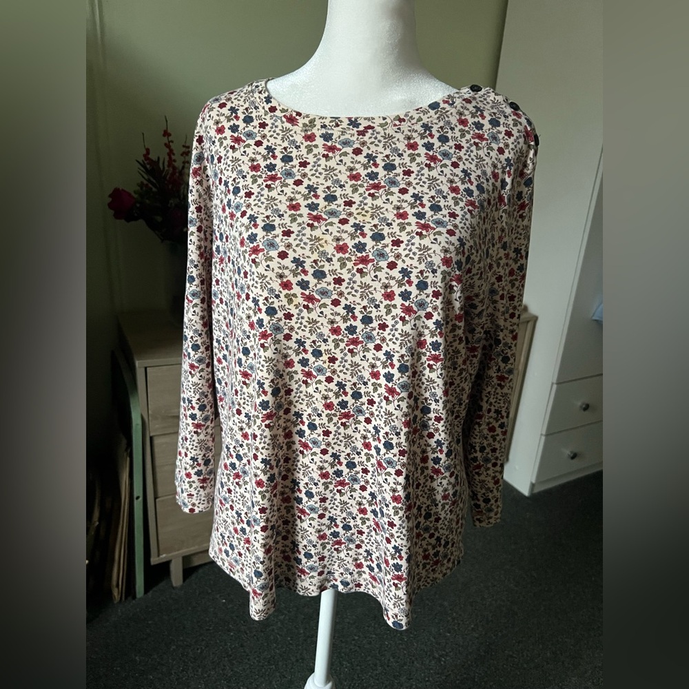 Eddie Bauer Cream Floral Long Sleeve Tee with Blue and Red Flowers